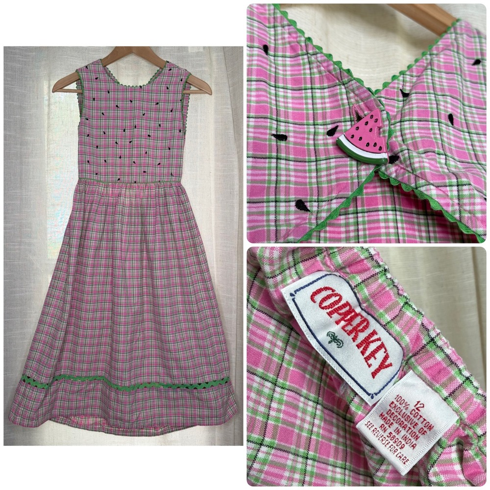 90s Vintage Copper Key Watermelon Plaid Open Back Sundress Pink Green Girls 12